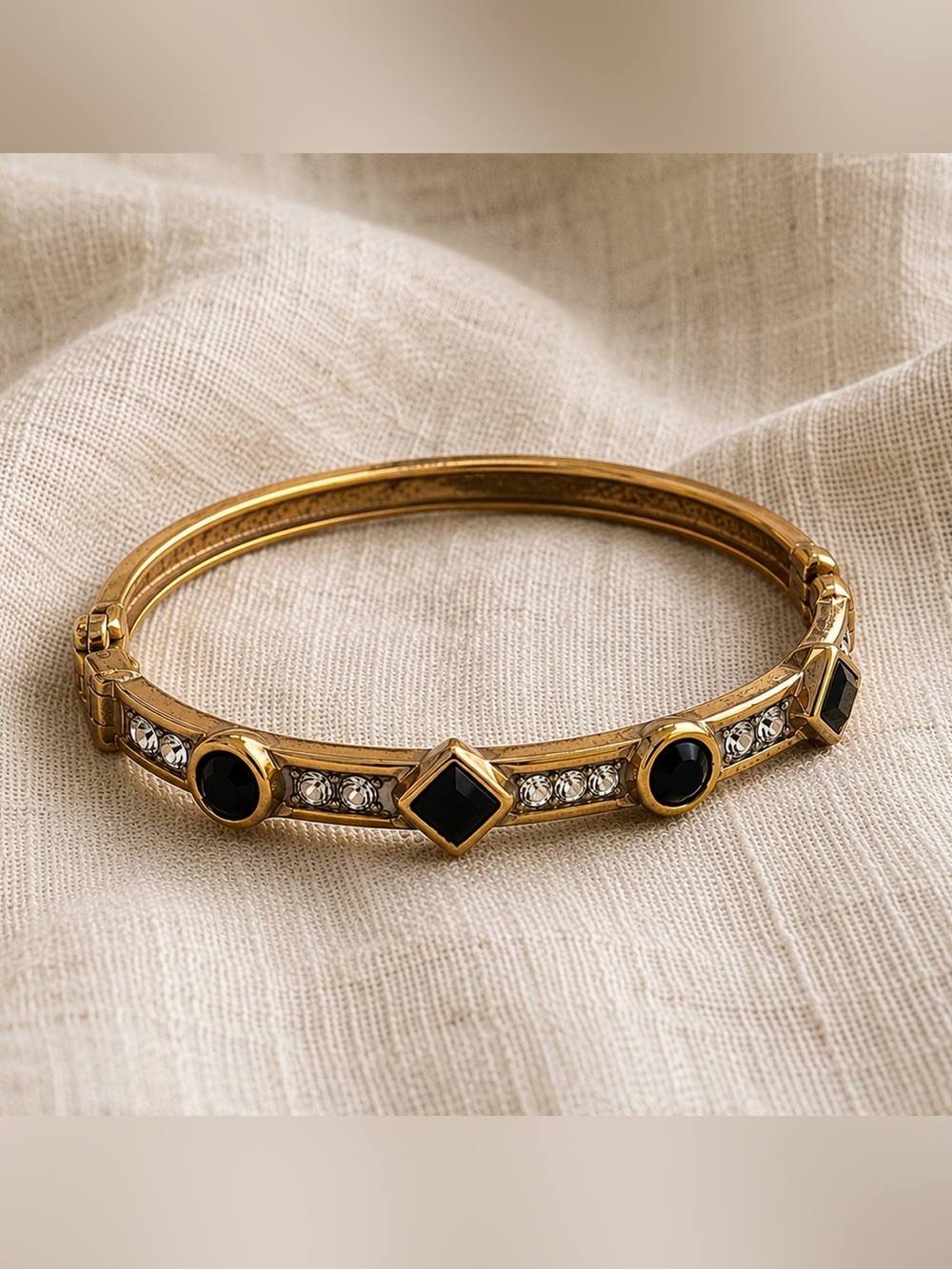 Vintage Swarovski Swan Signed Black Crystal Gold Tone Hinged Bangle
